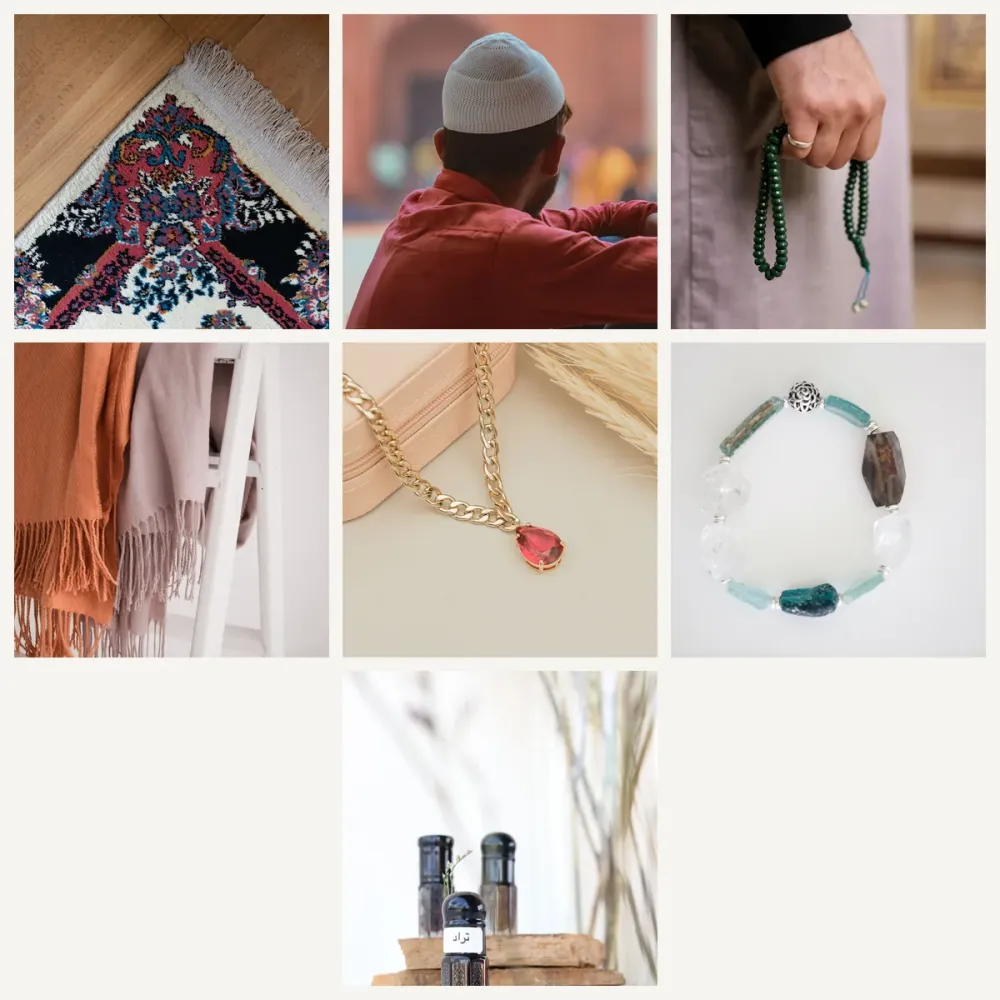 Hac Umre Hediyelik Set 8 Parça (Seccade, Takke, Tesbih, Eşarp, Kolye, Bileklik, Esans)